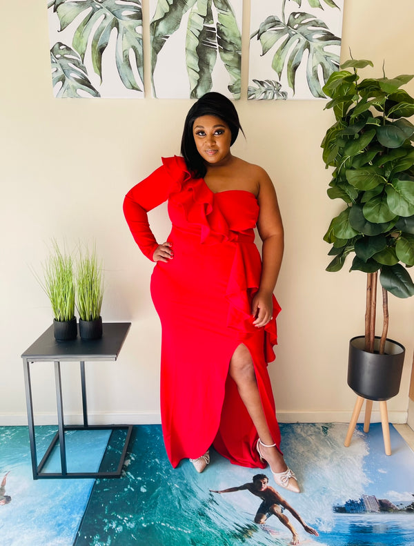 Red Chrysa One arm Plus Size Dress
