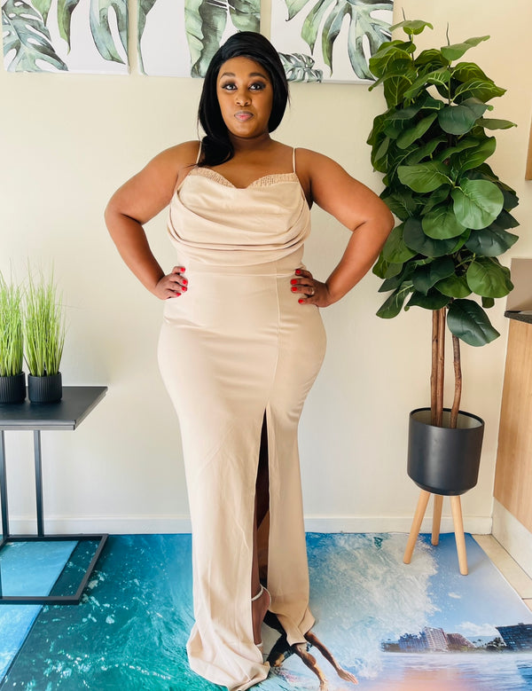 Sparkles Beige Slit Plus Size Dress