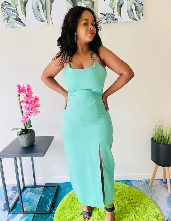 Back Straps Side Slit Green Dress