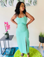 Back Straps Side Slit Green Dress