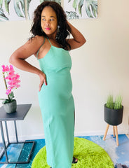 Back Straps Side Slit Green Dress