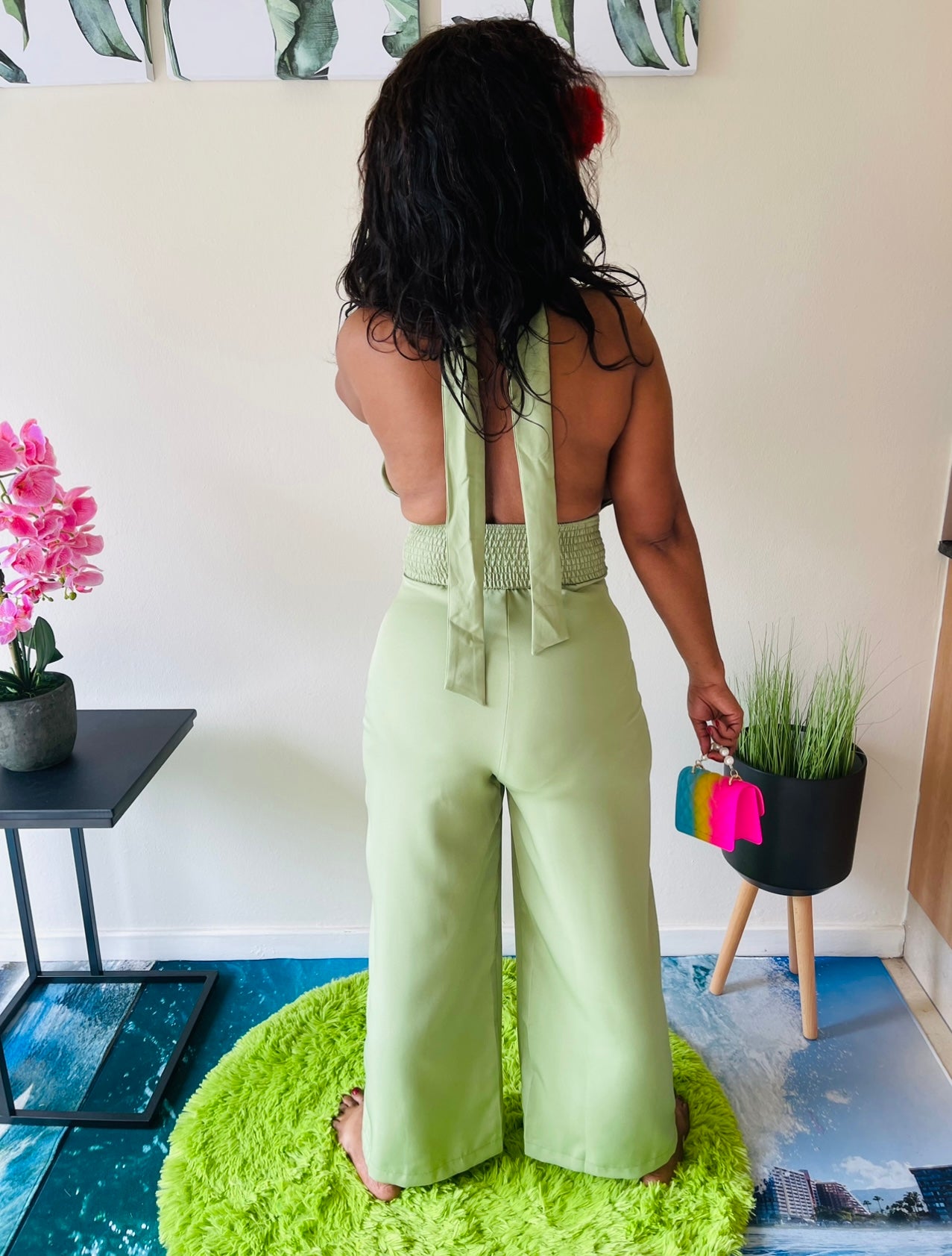 Green Bowtie Halter Jumpsuit