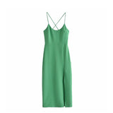 Back Straps Side Slit Green Dress