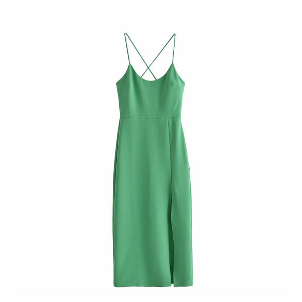 Back Straps Side Slit Green Dress