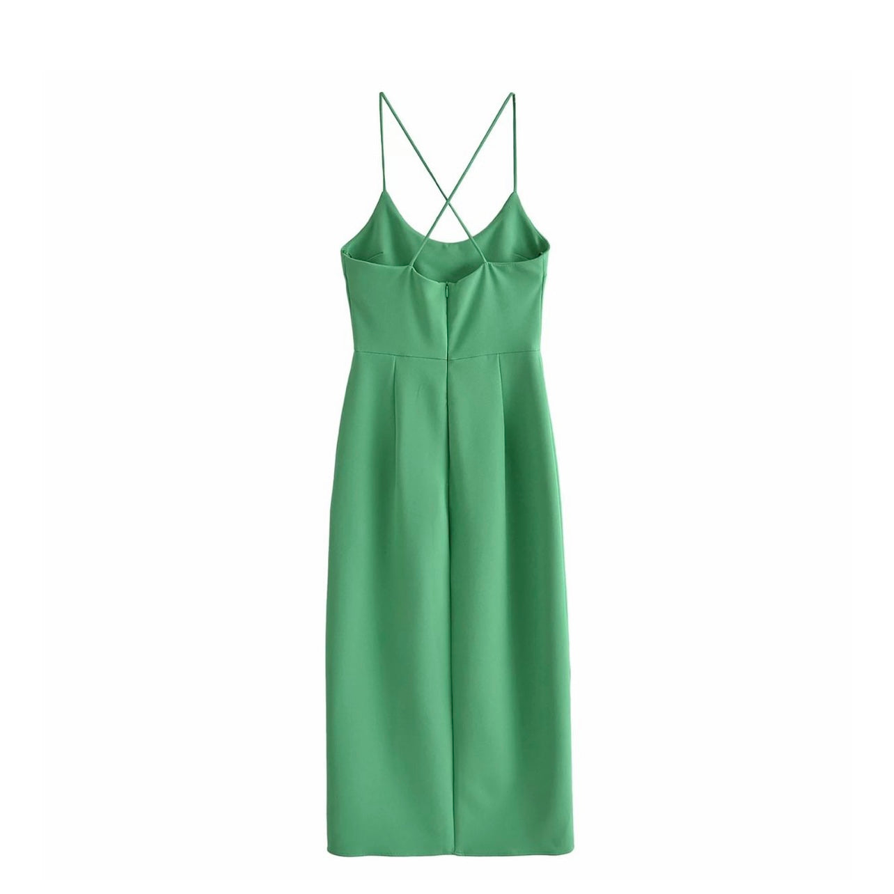 Back Straps Side Slit Green Dress