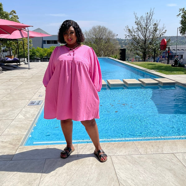 Lucy Pink Tie Strings Detail Plus Size Dress for Women with Pockets