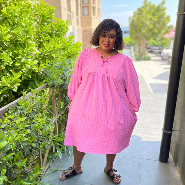 Lucy Pink Tie Strings Detail Plus Size Dress for Women with Pockets
