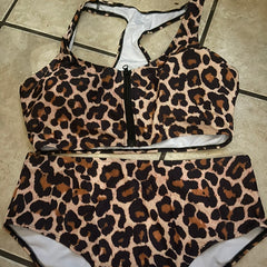 Leopard print Zipper Carina Plus Size swimsuit bikini set