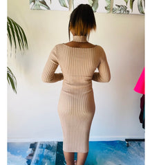 Evelyn Stylish Ribbed Open Neck Slit Winter Dress for Women