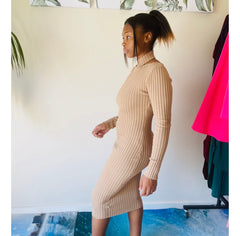 Evelyn Stylish Ribbed Open Neck Slit Winter Dress for Women