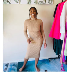 Evelyn Stylish Ribbed Open Neck Slit Winter Dress for Women