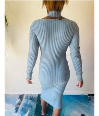 Evelyn Stylish Ribbed Open Neck Slit Winter Dress for Women