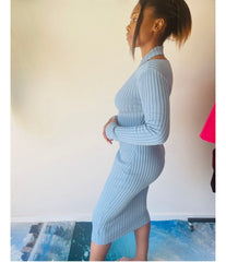 Evelyn Stylish Ribbed Open Neck Slit Winter Dress for Women