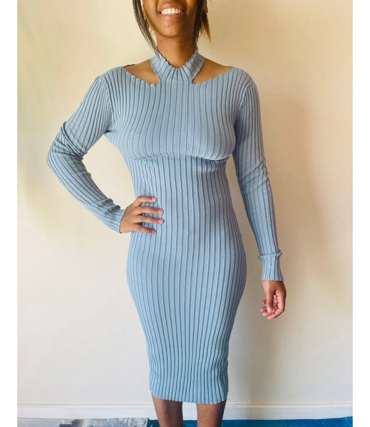 Evelyn Stylish Ribbed Open Neck Slit Winter Dress for Women