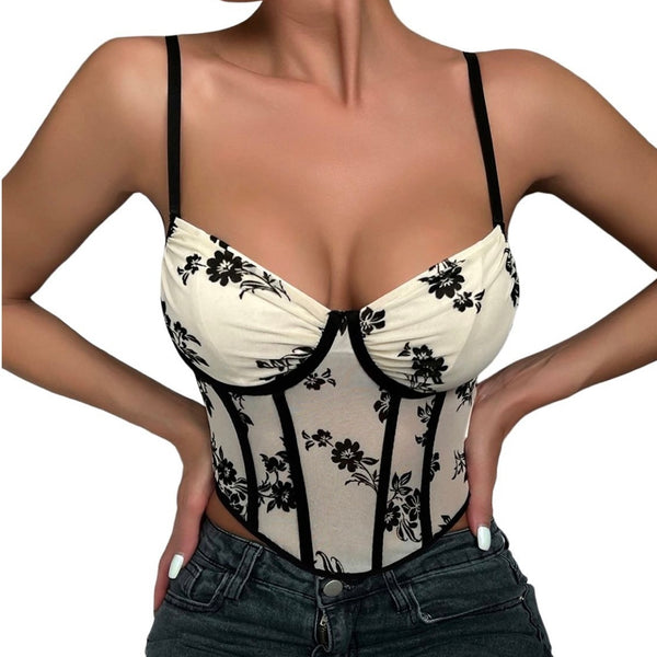 Camille Floral Tank Crop Corset Top Bustier Cami Top