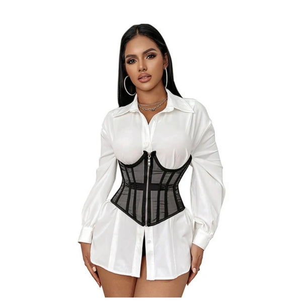 Sheer Mesh Boning Tank Crop Waist Corset Top Bustier Cami Top