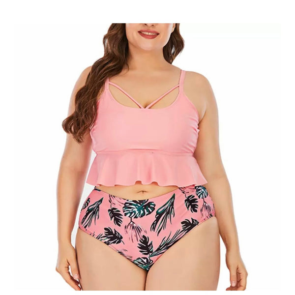 Black Feather Pink Two Piece Plus Size Swimsuit Swimwear