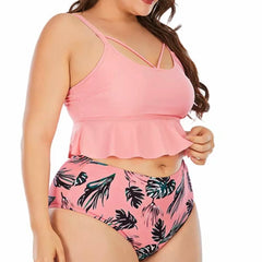 Black Feather Pink Two Piece Plus Size Swimsuit Swimwear