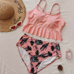 Black Feather Pink Two Piece Plus Size Swimsuit Swimwear