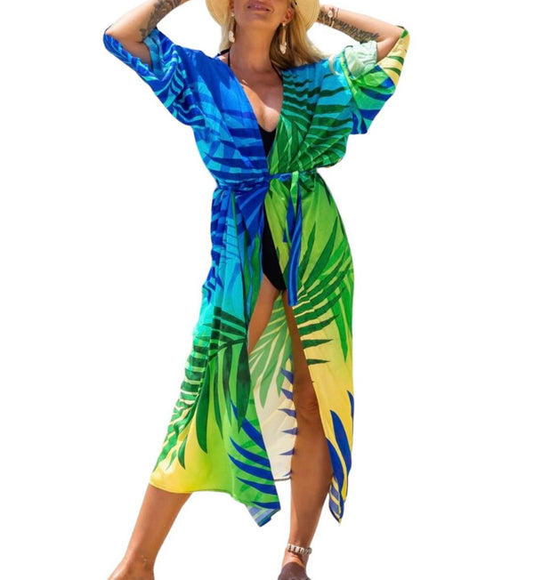 Tropical Palm Lines Luxury Kimono Kaftan Swimwear Beach Cover Up