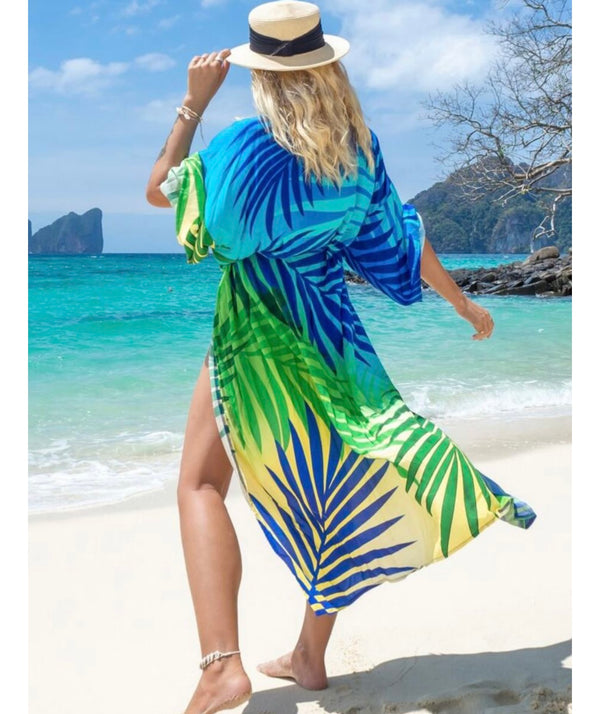 Tropical Palm Lines Luxury Kimono Kaftan Swimwear Beach Cover Up