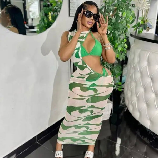 Carina Asymmetrical Green Bikini and Beach Cover Up Set - 3 Piece