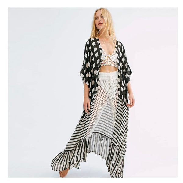 Square Lines Kimono Kaftan Swimwear Beach Cover Up