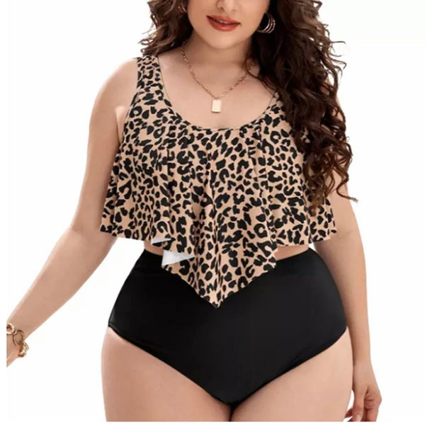 Two Piece Black & Leopard Plus Size Swimwear Set