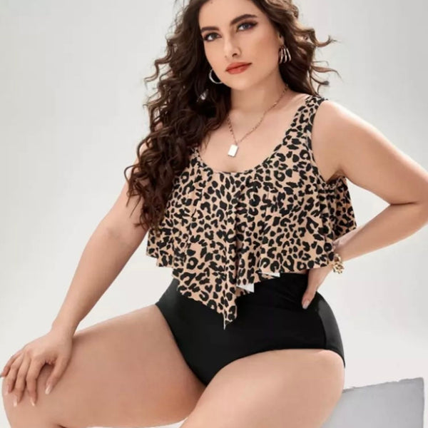 Two Piece Black & Leopard Plus Size Swimwear Set