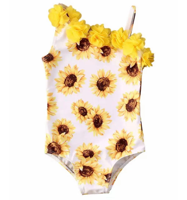 One arm Yellow Sunflower Girls Kids Swimsuit Swimwear