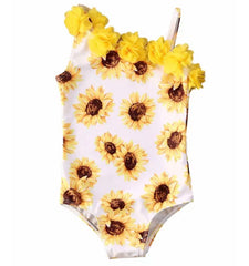 One arm Yellow Sunflower Girls Kids Swimsuit Swimwear