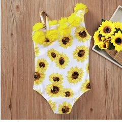 One arm Yellow Sunflower Girls Kids Swimsuit Swimwear