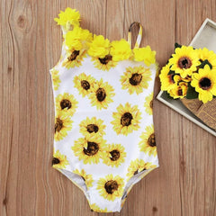 One arm Yellow Sunflower Girls Kids Swimsuit Swimwear
