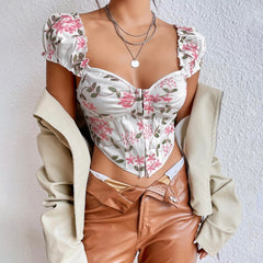 Sophie Buttoned Floral Tank Crop Corset Top Bustier Cami Top