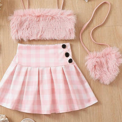 Ellar Pretty Faux Fur Plaid Children Girls Dress Set