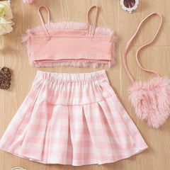 Ellar Pretty Faux Fur Plaid Children Girls Dress Set