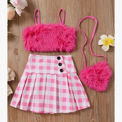 Ellar Pretty Faux Fur Plaid Children Girls Dress Set