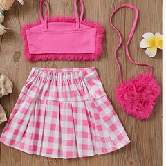 Ellar Pretty Faux Fur Plaid Children Girls Dress Set