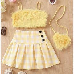 Ellar Pretty Faux Fur Plaid Children Girls Dress Set