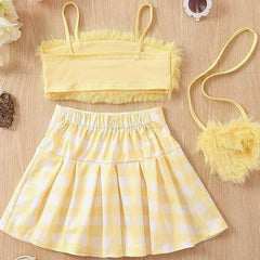 Ellar Pretty Faux Fur Plaid Children Girls Dress Set