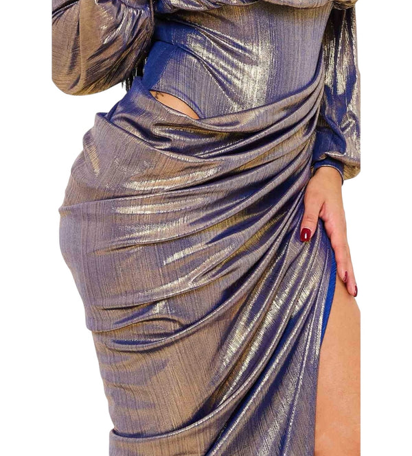 Glam High Quality Pleated Foil Blue Luxury Dress