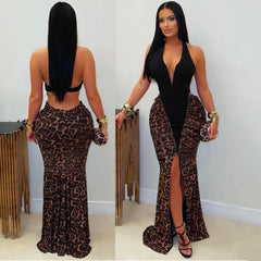 Glam Two Tone Black and Leopard Print High Quality Luxury Dress