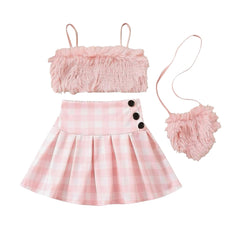 Ellar Pretty Faux Fur Plaid Children Girls Dress Set