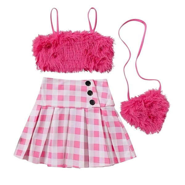 Ellar Pretty Faux Fur Plaid Children Girls Dress Set