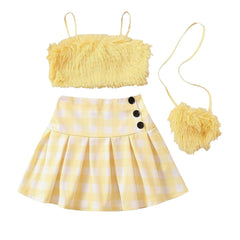 Ellar Pretty Faux Fur Plaid Children Girls Dress Set