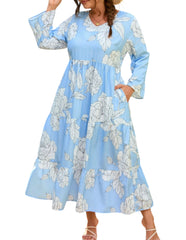 Sea Blue Jun Summer Print Plus Size Gorgeous Dress with Pockets