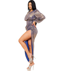 Glam High Quality Pleated Foil Blue Luxury Dress