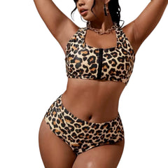 Leopard print Zipper Carina Plus Size swimsuit bikini set