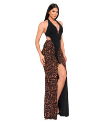 Glam Two Tone Black and Leopard Print High Quality Luxury Dress