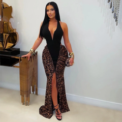 Glam Two Tone Black and Leopard Print High Quality Luxury Dress